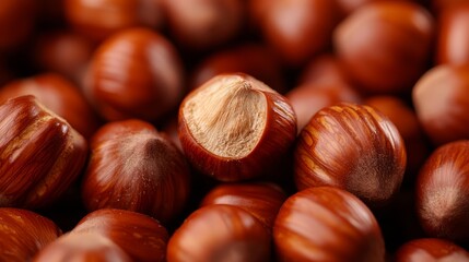 Obraz premium A close-up of several nuts with one nut centrally positioned among them, while another nut is also located at the center