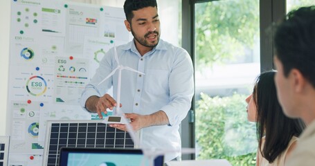 Group diverse Asia businesspeople talk ESG strategies risk management workshop, SDGs report, global...
