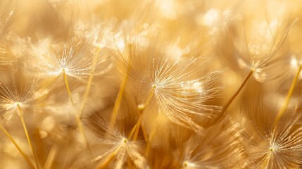  A tight shot of a dandelion plant with an abundance of seeds in focus, and a soft, indistinct background