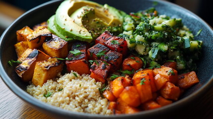 Colorful vegan meal with a variety of plant-based foods like quinoa, roasted vegetables, and avocado