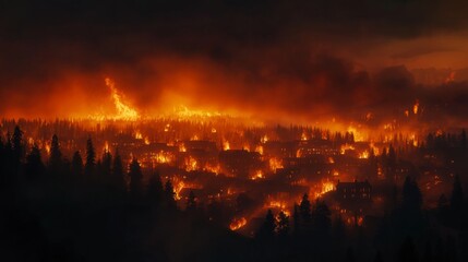 A massive wildfire rages through a dense forest during twilight, illuminating the sky with fiery hues. Flames consume trees and threaten homes, creating a scene of destruction and urgency.