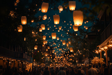 Floating lanterns illuminate a magical night over a lively gathering in an enchanting town