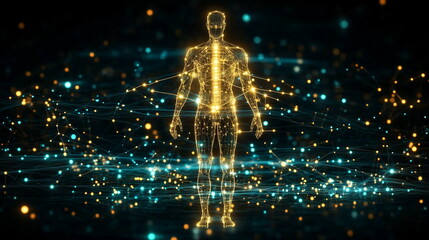Illustration of the human body with acupuncture points highlighted, showing pathways of energy flow