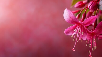  A pink flower's close-up on a branch, petals speckled with water droplets, background softly blurred