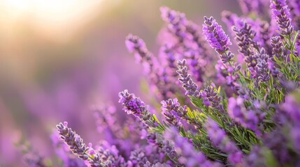 Fototapeta premium A tight shot of lavender blooms in a field, sunlight bathing flowers behind