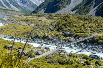 Obraz premium Lake Pukaki & Lake Tekapo Views with Lupin Fields, Hooker Valley Track, Southern Alps, Mt Cook Mountains Glacial Rivers, Snow-Capped Peaks, Scenic Trails, Landscape New Zealand’s Canterbury Queenstown
