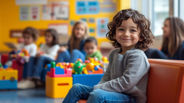 Diverse Kids in Clinic Waiting Room: A multicultural group of kids playing with toys in a cheerful clinic waiting room, emphasizing inclusivity in healthcare.