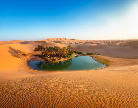 an oasis with water and some coconut trees in the desert seen from a distance