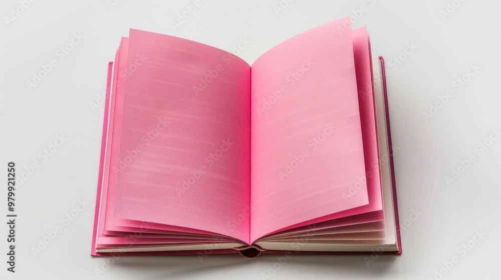 Poster pink notebook and open book with copy space on white background representing literature reading writ