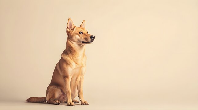 A Jindo dog sitting elegantly on a light solid color background, showcasing its proud posture and alert expression
