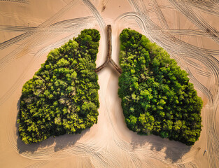 top view with a green forest in the shape of lungs, representing the lungs of the planet