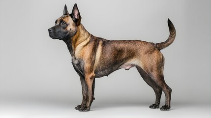 A majestic Kai Ken dog standing proudly on a smooth light-colored surface, showcasing its unique brindle coat and alert expression