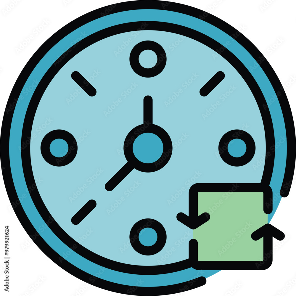 Poster clock face showing the concept of time management with two arrows going up and down