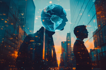 Silhouettes of diverse business professionals against a vibrant urban skyline at dusk, embodying global collaboration and innovation