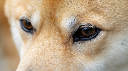 A close-up of a Kishu Ken dog's face, highlighting its expressive eyes and distinct coat patterns, perfect for showcasing canine beauty
