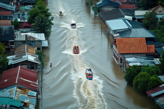 Aerial Perspective of Flood Rescue in Chiang Rai: Boats Maneuvering in Urban Submersion