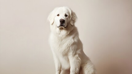 A majestic Kuvasz dog sitting gracefully against a light solid color background, showcasing its fluffy white coat and alert expression