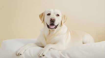 A Labrador Retriever with a joyful expression, lying comfortably on a soft, light solid color...