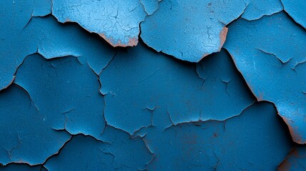A tight shot of blue paint curling and flaking from a building's wall The side of the structure shows an accumulation of peeling paint