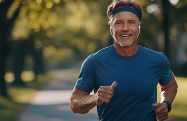 Fototapeta premium Senior man jogging outdoors wearing a headband and earbuds, enjoying a healthy lifestyle in a park on a sunny day