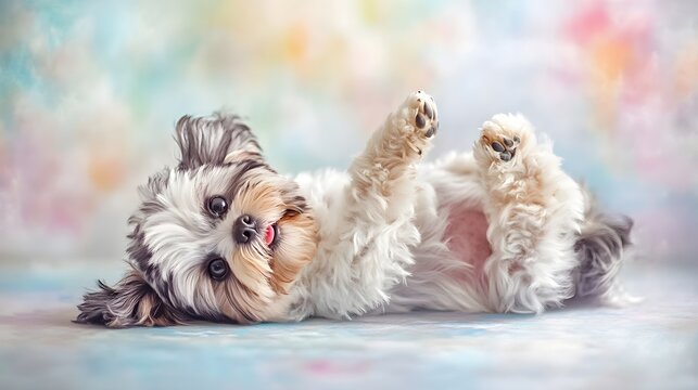 A playful Lowchen dog lying on its back, paws in the air, with a soft pastel background that enhances its adorable features