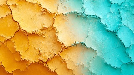 Obraz premium A tight shot of a multicolored wall, displaying blues, yellows, and greens Chunks of paint are peeling from its edges