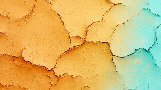  A tight shot of a wall section displaying chipped paint - blue and yellow hues dominantly peeling at its upper edge