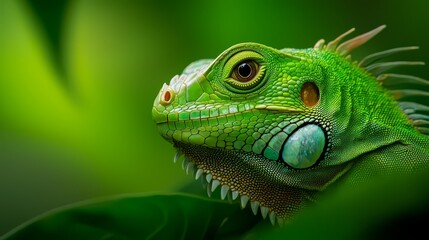 Fototapeta premium A tight shot of a green lizard's head perched on a verdant leafy branch against a softly blurred background