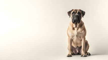 Obraz premium A majestic mastiff dog sitting proudly on a light solid color background, showcasing its muscular build and gentle expression