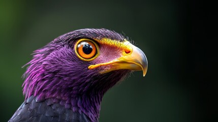  A tight shot of a purple bird against a black backdrop, its yellow-and-black beak contrasting sharply Trees dot the background
