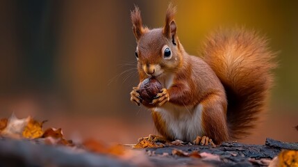 Obraz premium A tight shot of a squirrel consuming an acorn against a backdrop of leaf-covered ground, with out-of-focus foliage in the background