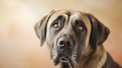 Obraz premium A close-up portrait of a mastiff dog with soulful eyes and a shiny coat, against a soft pastel backdrop, perfect for highlighting its features