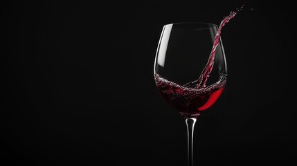  Red wine pours into a black-backgrounded glass, reflecting in its mirrorlike depths