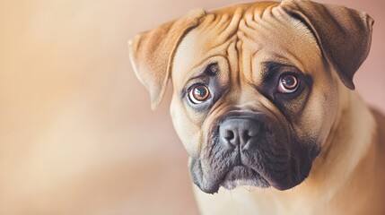 Obraz premium A close-up portrait of a mastiff dog with soulful eyes and a shiny coat, against a soft pastel backdrop, perfect for highlighting its features