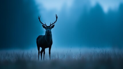 Obraz premium A deer stands in a foggy field's center, trees silhouetted behind