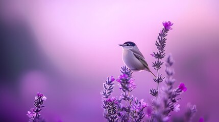 Obraz premium A small bird perches atop a vibrant purple plant, adorned with flowers, against a pink backdrop sky