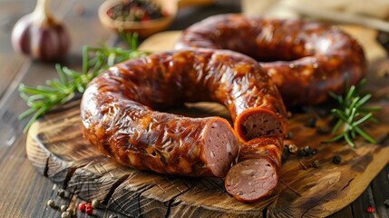Ready to eat Andouille sausage made from pork stomach neck and offal on rustic table background