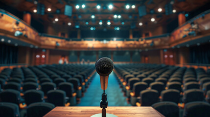 A detailed image of a microphone set up in an empty auditorium, capturing the anticipation of an upcoming event readiness for a speech, performance, or presentation in a professional venue.