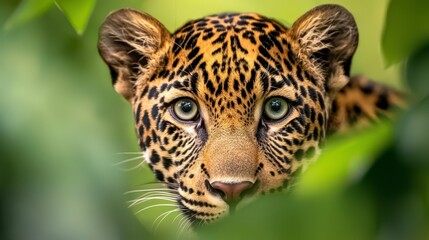 Fototapeta premium A tight shot of a leopard's face peeking through tree leaves, background softly blurred
