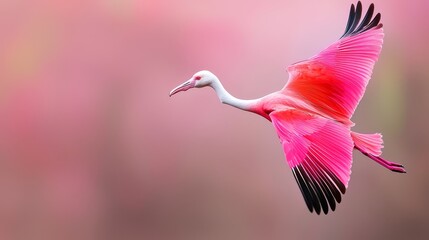 Obraz premium A pink-and-black bird flies, wings spread wide, head tilted to one side