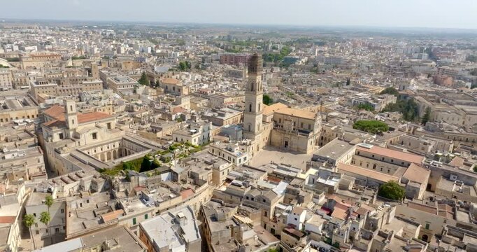 Aerial view of the church of Santa Irene and cathedral of Lecce, in Apulia, Italy. These two churches are located in the historic center of the city.