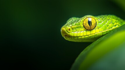 Obraz premium A tight shot of a green snake's eye atop a green leaf, surrounded by an out-of-focus backdrop