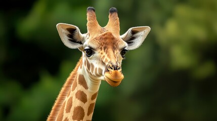 Obraz premium A tight shot of a giraffe's face against a backdrop of blurred trees
