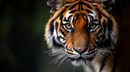 Fototapeta premium A tight shot of a tiger's face with a contrasting black-and-white stripe on its chest
