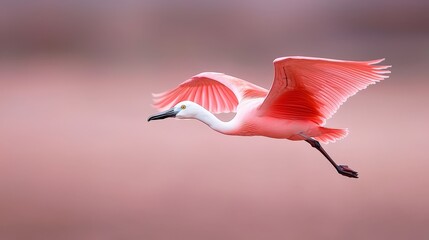  A pink bird flies in the sky, wings spread wide, head raised