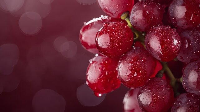  A tight shot of clusters of grapes, adorned with dewdrops at their bases and summits