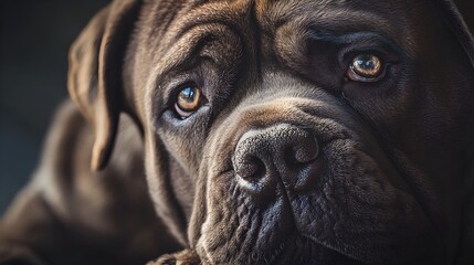 A close-up portrait of a Neapolitan Mastiff showcasing its unique wrinkles and expressive eyes against a soft backdrop