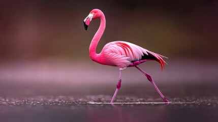 Fototapeta premium A pink flamingo stands atop a body of water, legs spread wide, head turned aside