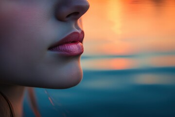 Lèvres féminines vues au coucher du soleil avec reflet sur l'eau