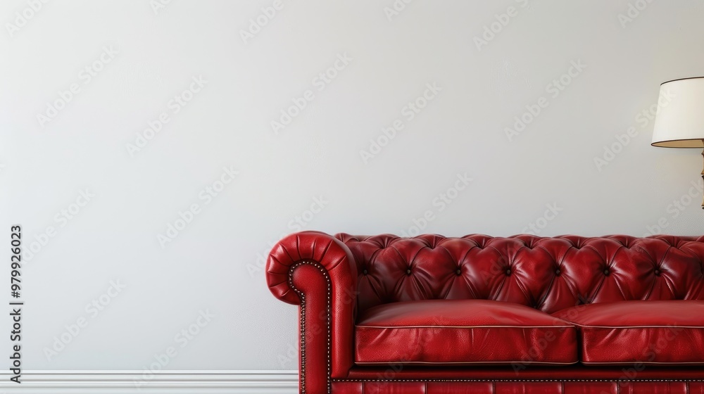 Poster red leather couch and lamp in white wall setting with space for text